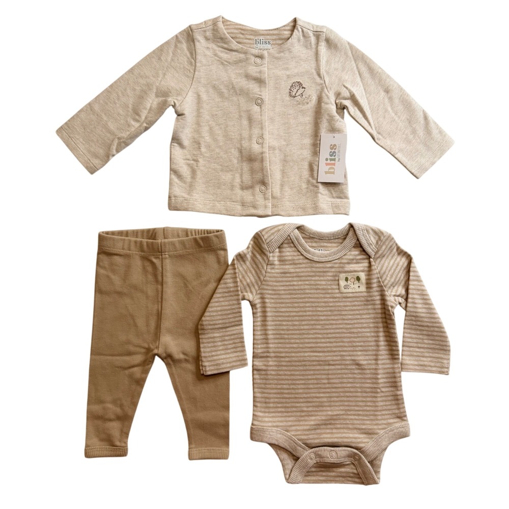 Bliss by Garanimals 3PK LS Outfit Set Sesame Beige Hedgehog 6-9M NEW